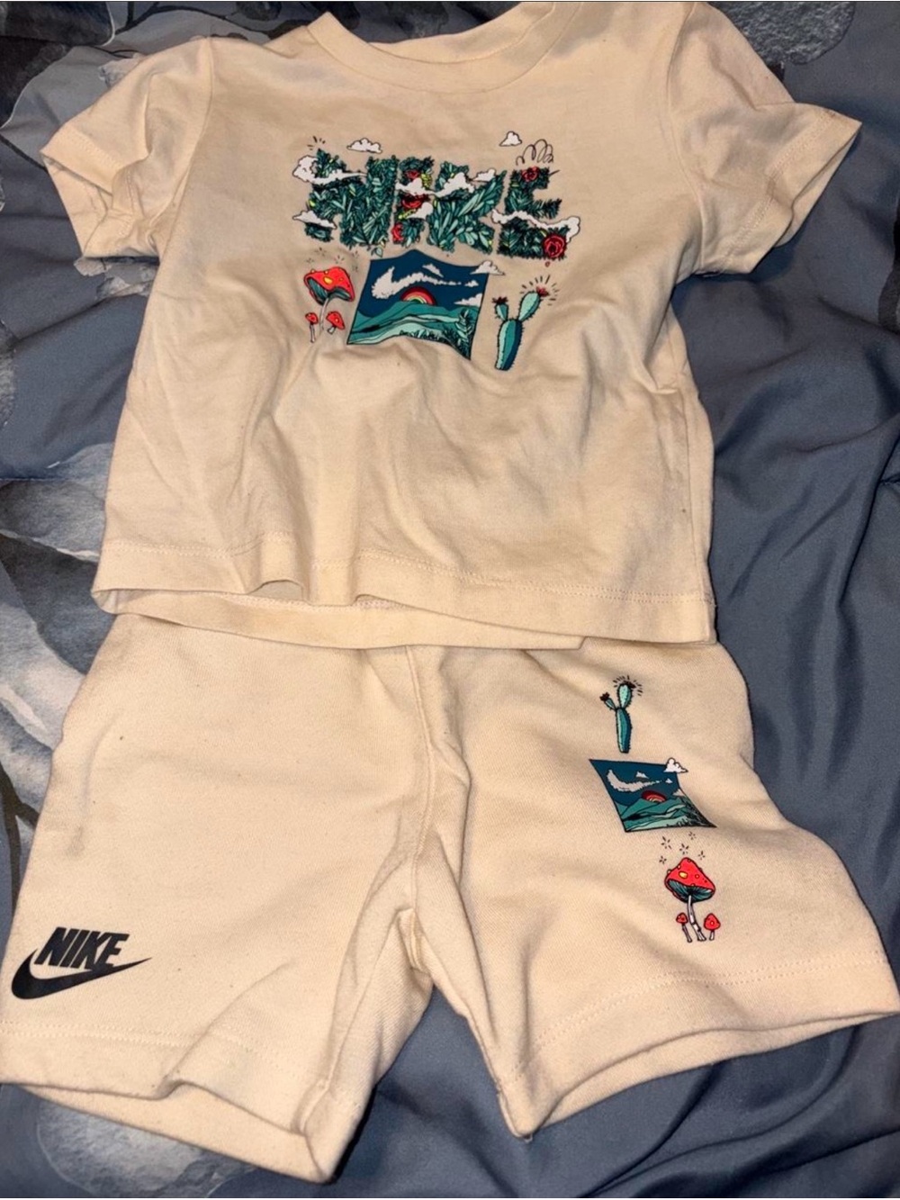Nike Cream Graphic Tee and Shorts Set with Teal & Red Accents